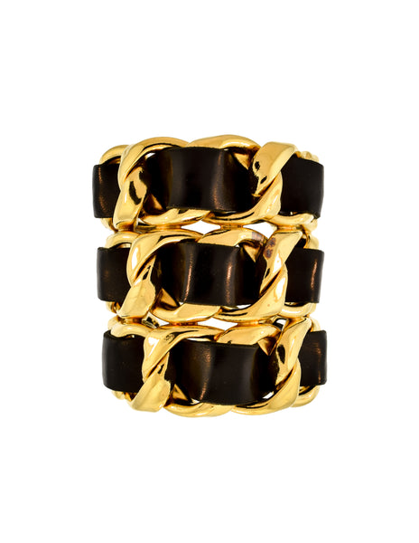 Chanel Vintage Iconic Gold Triple Row Chain and Black Leather Cuff Bracelet
