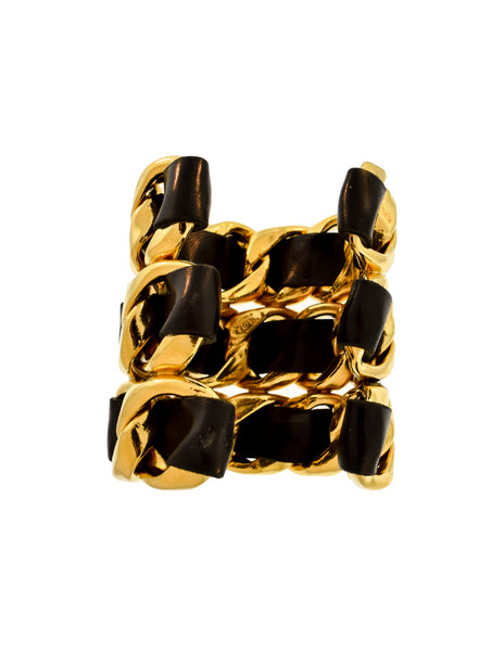 Chanel Vintage Iconic Gold Triple Row Chain and Black Leather Cuff Bracelet