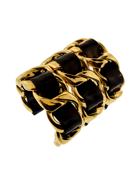 Chanel Vintage Iconic Gold Triple Row Chain and Black Leather Cuff Bracelet