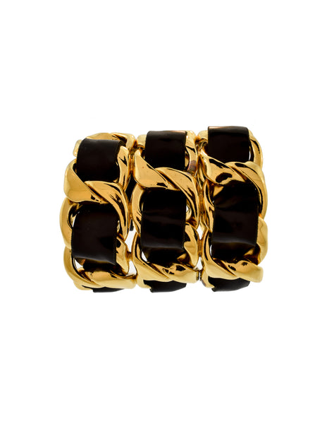 Chanel Vintage Iconic Gold Triple Row Chain and Black Leather Cuff Bracelet