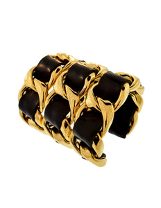Chanel Vintage Iconic Gold Triple Row Chain and Black Leather Cuff Bracelet