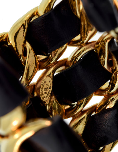Chanel Vintage Iconic Gold Triple Row Chain and Black Leather Cuff Bracelet