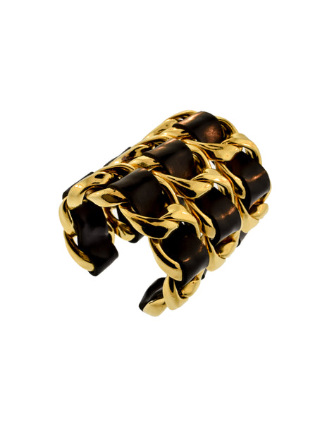 Chanel Vintage Iconic Gold Triple Row Chain and Black Leather Cuff Bracelet