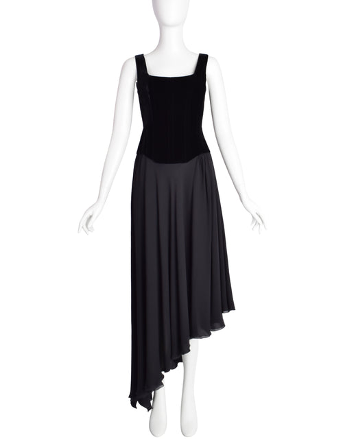 CHANEL Vintage 97P BLACK CC LOGO RUFFLED SILK DRESS Silk lining