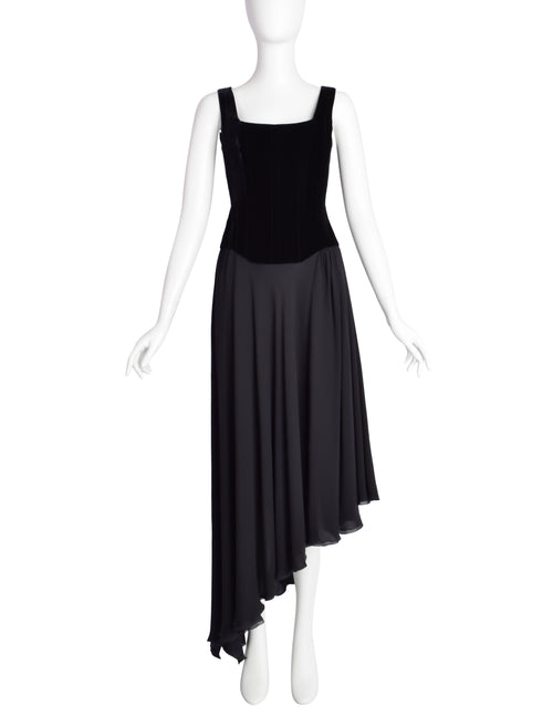 Chanel Vintage AW 1993 Black Velvet Silk Chiffon Corset Dress and