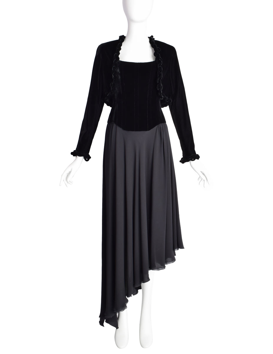 Chanel Vintage AW 1993 Black Velvet Silk Chiffon Corset Dress and Chai