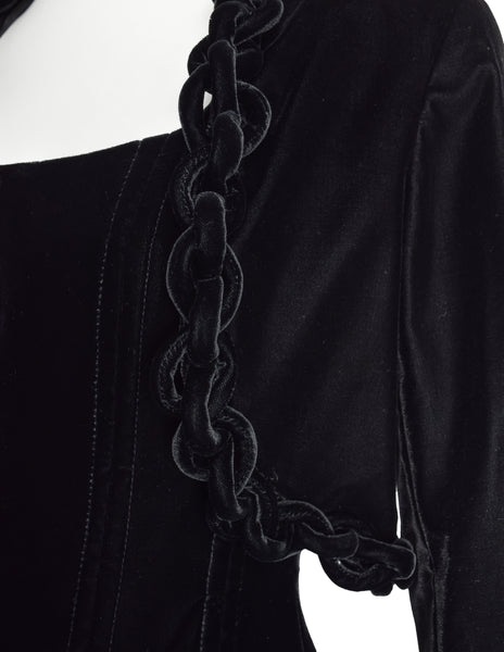 Chanel Vintage AW 1993 Black Velvet Silk Chiffon Corset Dress and Chain Bolero Ensemble