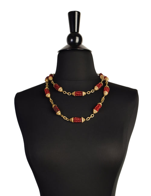 Chanel Vintage Coco Mark Red Stone Necklace Accessories