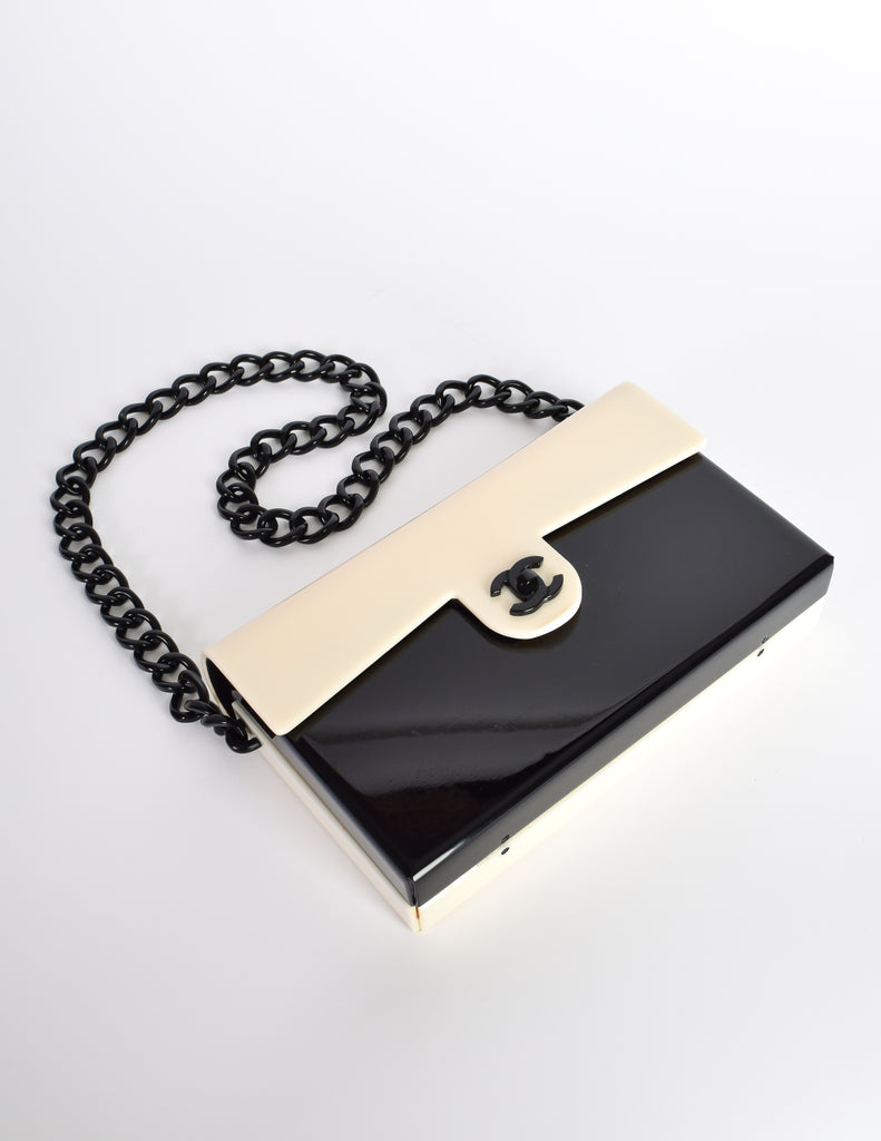 Chanel Vintage Unique Black and Cream Plexi Logo Turnlock Flap Bag