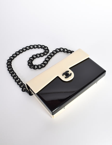 Chanel Vintage Unique Black and Cream Plexi Logo Turnlock Flap Bag