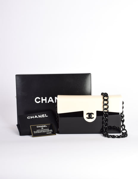 Chanel Vintage Unique Black and Cream Plexi Logo Turnlock Flap Bag