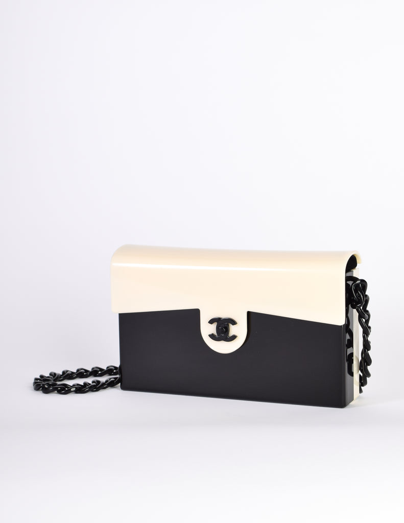 Chanel Vintage Unique Black and Cream Plexi Logo Turnlock Flap Bag