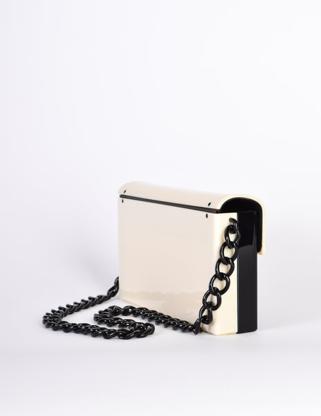 Chanel Vintage Unique Black and Cream Plexi Logo Turnlock Flap Bag