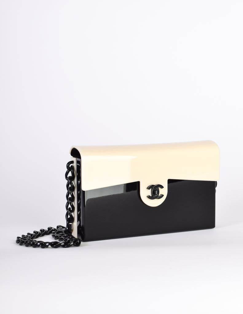 Chanel Vintage Unique Black and Cream Plexi Logo Turnlock Flap Bag
