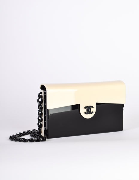 Chanel Vintage Unique Black and Cream Plexi Logo Turnlock Flap Bag