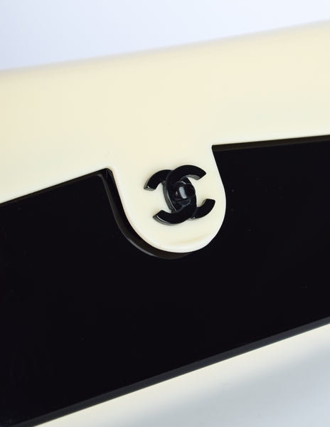 Chanel Vintage Unique Black and Cream Plexi Logo Turnlock Flap Bag