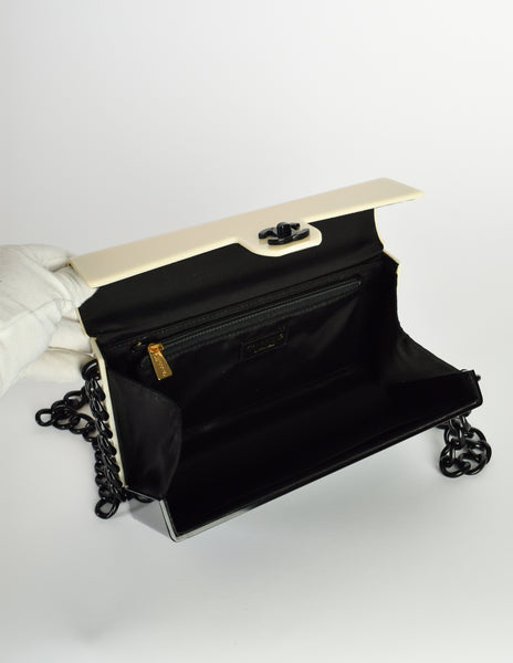 Chanel Vintage Unique Black and Cream Plexi Logo Turnlock Flap Bag