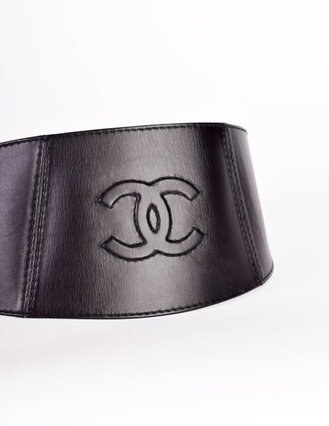 Chanel Vintage 1994 CC Logo High Waist Heavyweight Wide Black Leather Belt