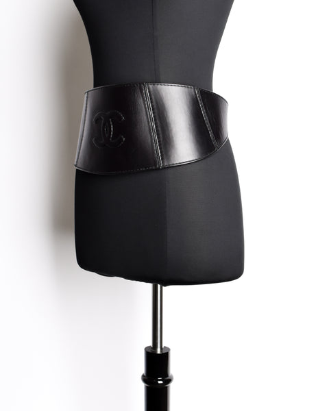Chanel Vintage 1994 CC Logo High Waist Heavyweight Wide Black Leather Belt