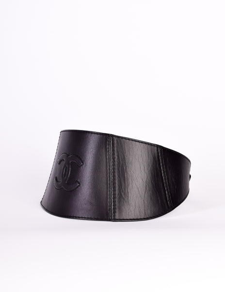 Chanel Vintage 1994 CC Logo High Waist Heavyweight Wide Black Leather Belt