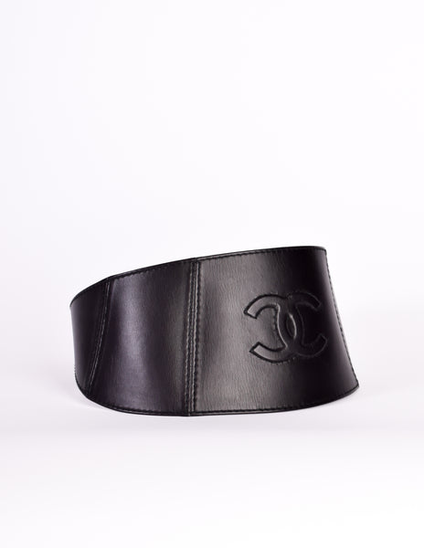 Chanel Vintage 1994 CC Logo High Waist Heavyweight Wide Black Leather Belt