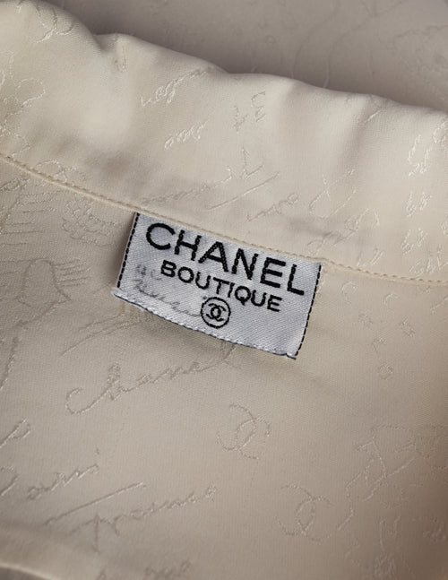 Chanel Vintage 1980s Novelty Cream Silk Jacquard Button Up Shirt