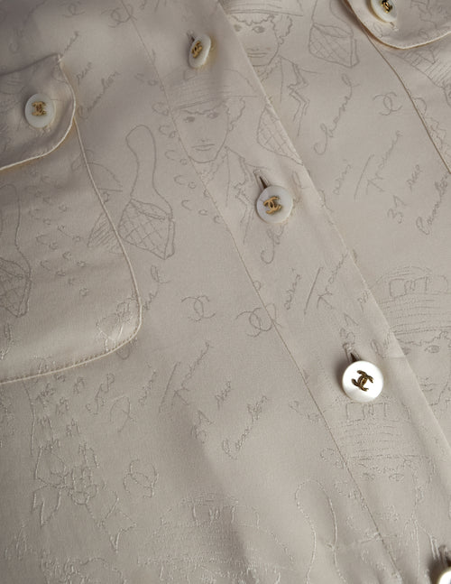 Chanel Vintage 1980s Novelty Cream Silk Jacquard Button Up Shirt