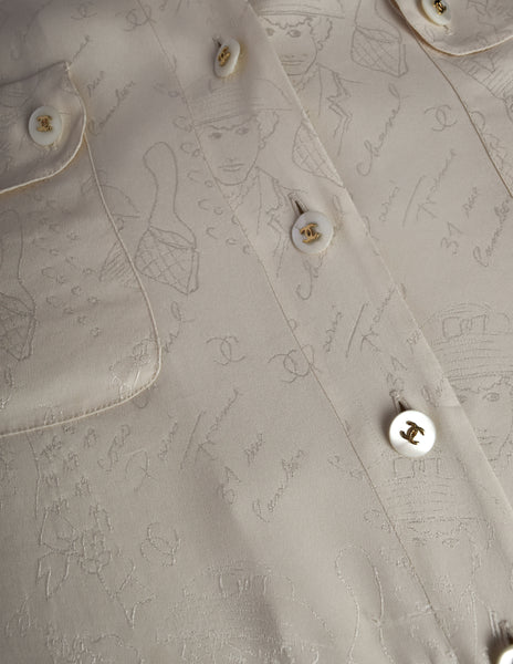 Chanel Vintage 1980s Novelty Cream Silk Jacquard Button Up Shirt