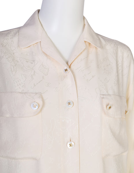 Chanel Vintage 1980s Novelty Cream Silk Jacquard Button Up Shirt