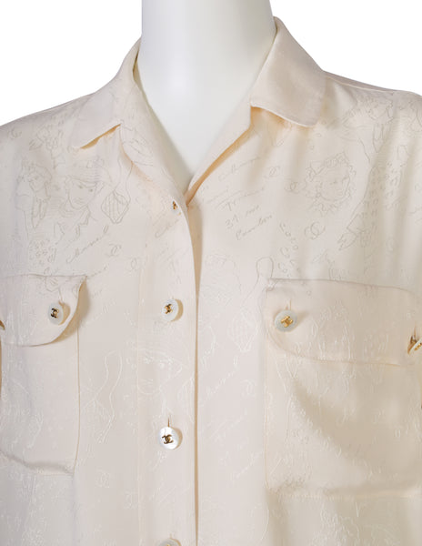 Chanel Vintage 1980s Novelty Cream Silk Jacquard Button Up Shirt
