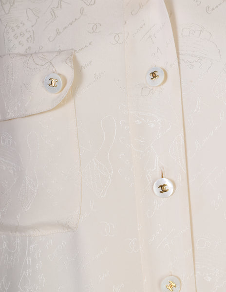 Chanel Vintage 1980s Novelty Cream Silk Jacquard Button Up Shirt
