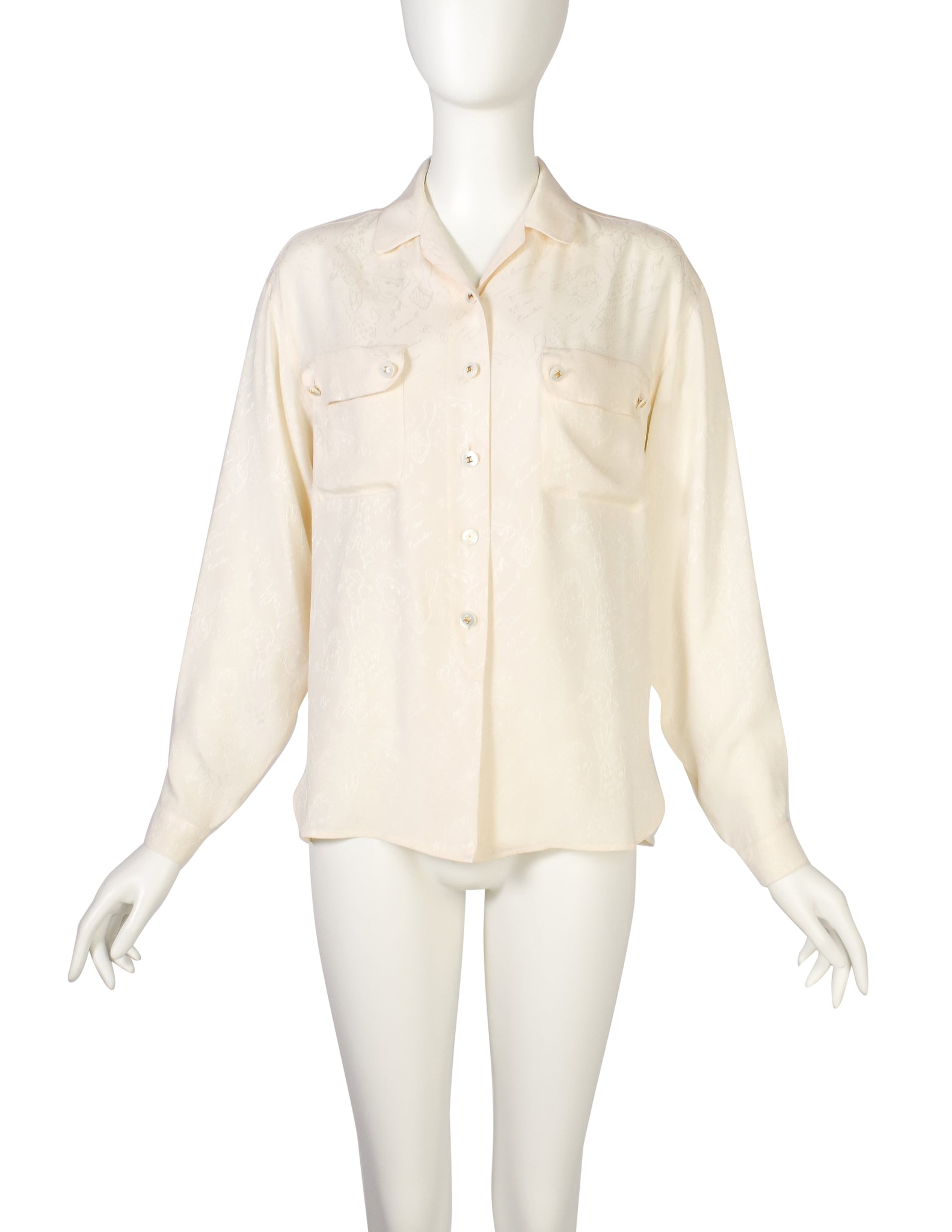 Chanel Vintage 1980s Novelty Cream Silk Jacquard Button Up Shirt