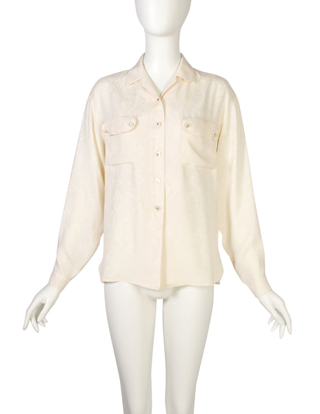 Chanel Vintage 1980s Novelty Cream Silk Jacquard Button Up Shirt