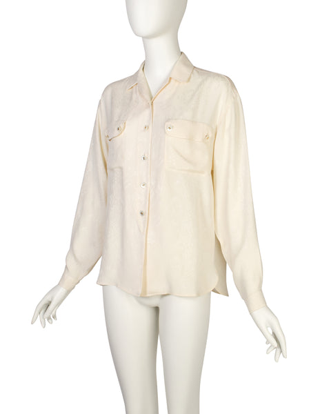 Chanel Vintage 1980s Novelty Cream Silk Jacquard Button Up Shirt