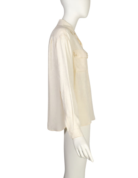 Chanel Vintage 1980s Novelty Cream Silk Jacquard Button Up Shirt
