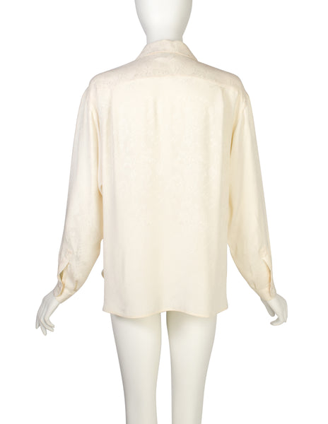 Chanel Vintage 1980s Novelty Cream Silk Jacquard Button Up Shirt