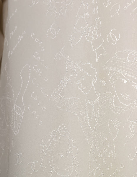 Chanel Vintage 1980s Novelty Cream Silk Jacquard Button Up Shirt