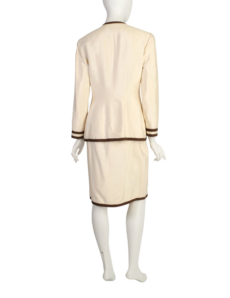 Chanel Vintage Cream Raw Silk Shantung Brown Stripe Jacket and Skirt Suit
