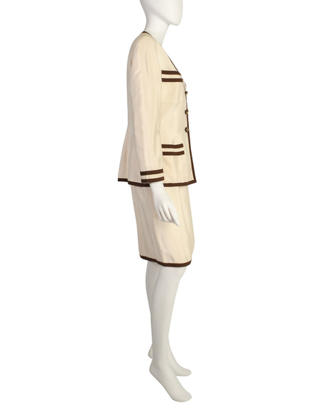 Chanel Vintage Cream Raw Silk Shantung Brown Stripe Jacket and Skirt Suit