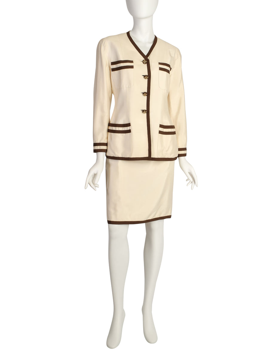 Chanel Vintage Cream Raw Silk Shantung Brown Stripe Jacket and Skirt S