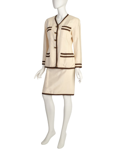 Chanel Vintage Cream Raw Silk Shantung Brown Stripe Jacket and Skirt Suit