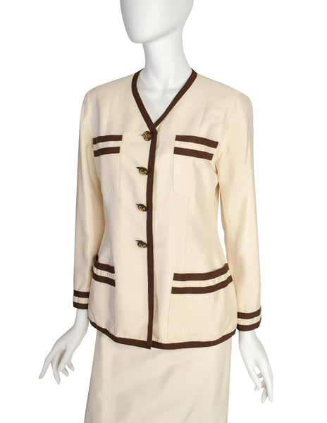 Chanel Vintage Cream Raw Silk Shantung Brown Stripe Jacket and Skirt Suit