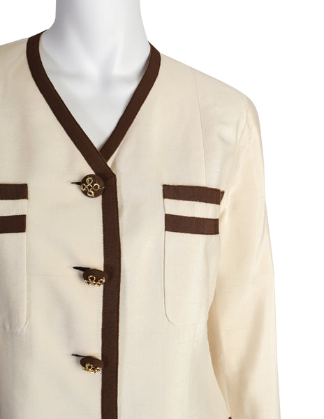 Chanel Vintage Cream Raw Silk Shantung Brown Stripe Jacket and Skirt Suit