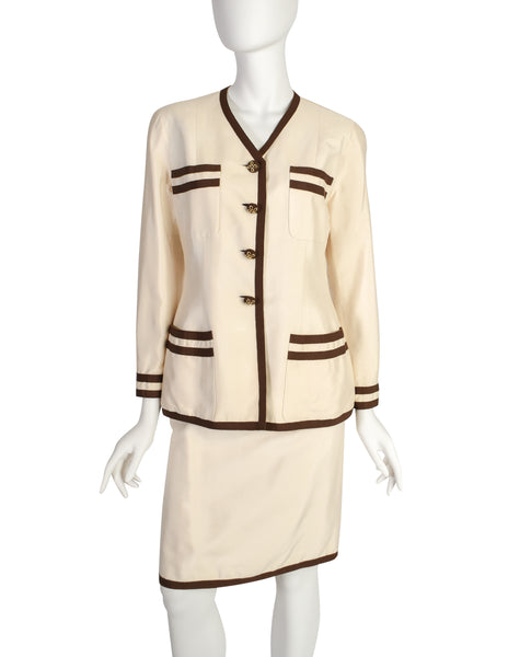 Chanel Vintage Cream Raw Silk Shantung Brown Stripe Jacket and Skirt Suit