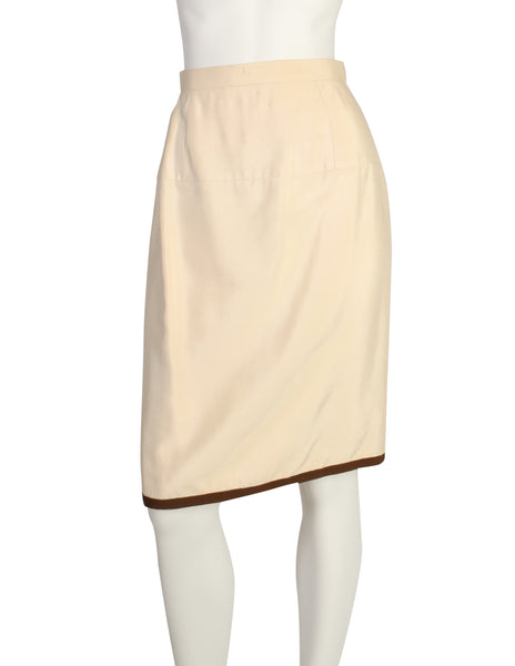 Chanel Vintage Cream Raw Silk Shantung Brown Stripe Jacket and Skirt Suit