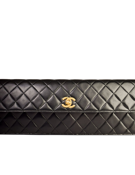 Chanel Vintage Rare AW 1990 Extra Long Black Matelasse Quilted Lambskin Leather Turnlock Clutch Bag