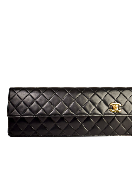 Chanel Vintage Rare AW 1990 Extra Long Black Matelasse Quilted Lambskin Leather Turnlock Clutch Bag