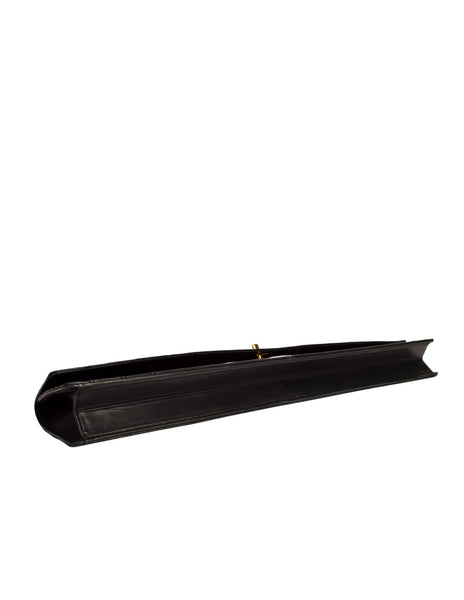 Chanel Vintage Rare AW 1990 Extra Long Black Matelasse Quilted Lambskin Leather Turnlock Clutch Bag
