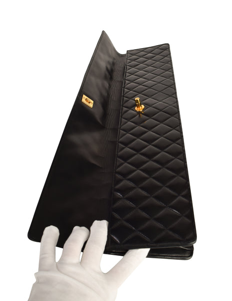 Chanel Vintage Rare AW 1990 Extra Long Black Matelasse Quilted Lambskin Leather Turnlock Clutch Bag