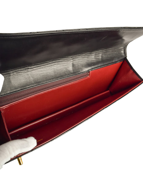 Chanel Vintage Rare AW 1990 Extra Long Black Matelasse Quilted Lambskin Leather Turnlock Clutch Bag